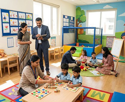 Preschool teacher guiding young children in a classroom activity at a franchise preschool in India