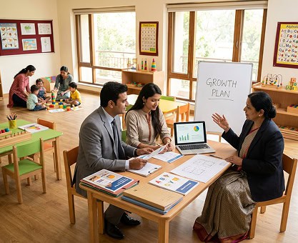 Preschool consulting services meeting in India with team discussing business plan
