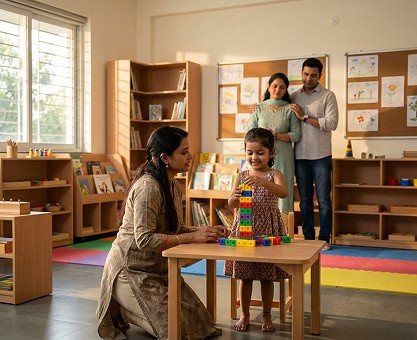 Children enjoying after-school activity at a preschool in India with toys and blocks